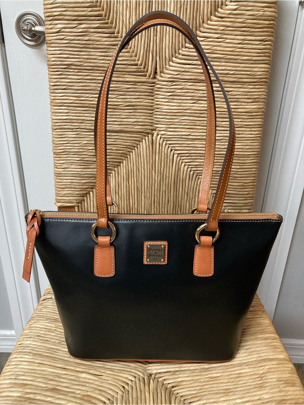 Dooney & Bourke Black Leather Tote Brown Trim NWT